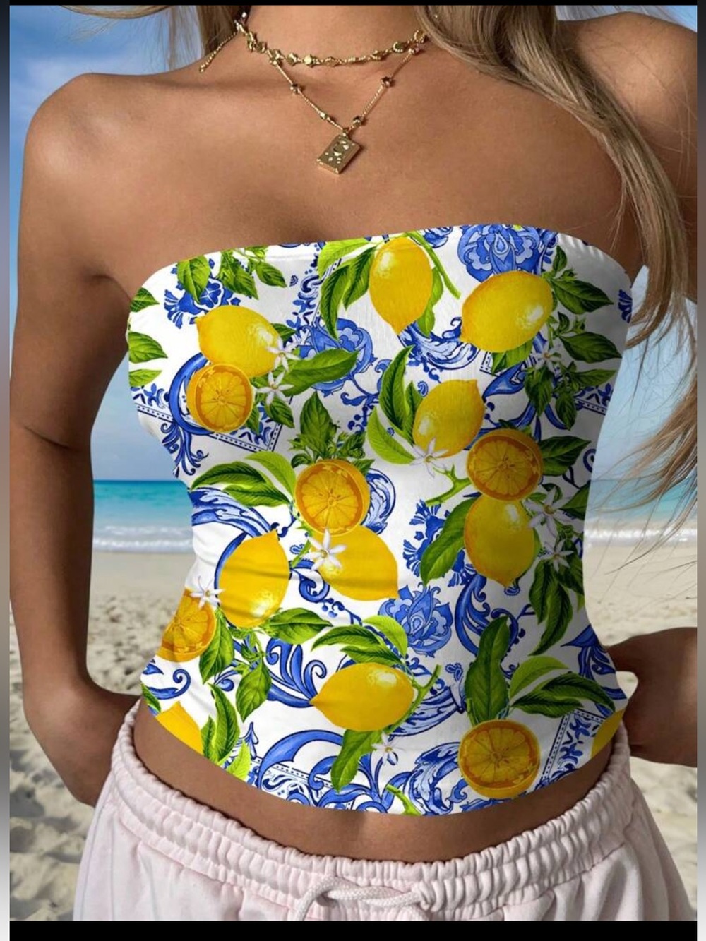 Strapless Lemon Print Tube Top - Yellow & Blue